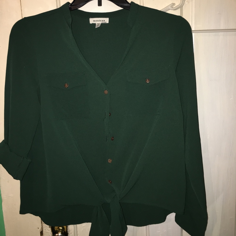 Button down tie front blouse